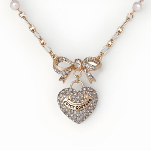 NIB JUICY COUTURE Gold Rhinestone Heart Bow Pearl Pendant Necklace 18”+2” GIFT - Picture 15 of 15